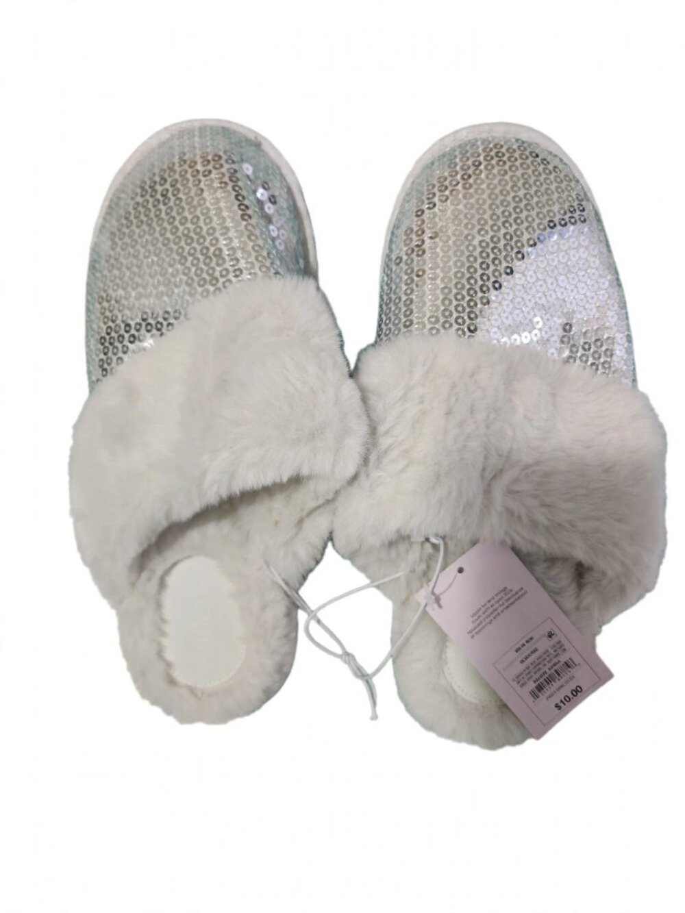 Stars Above Silver Sequin Fuzzy Slippers Womens